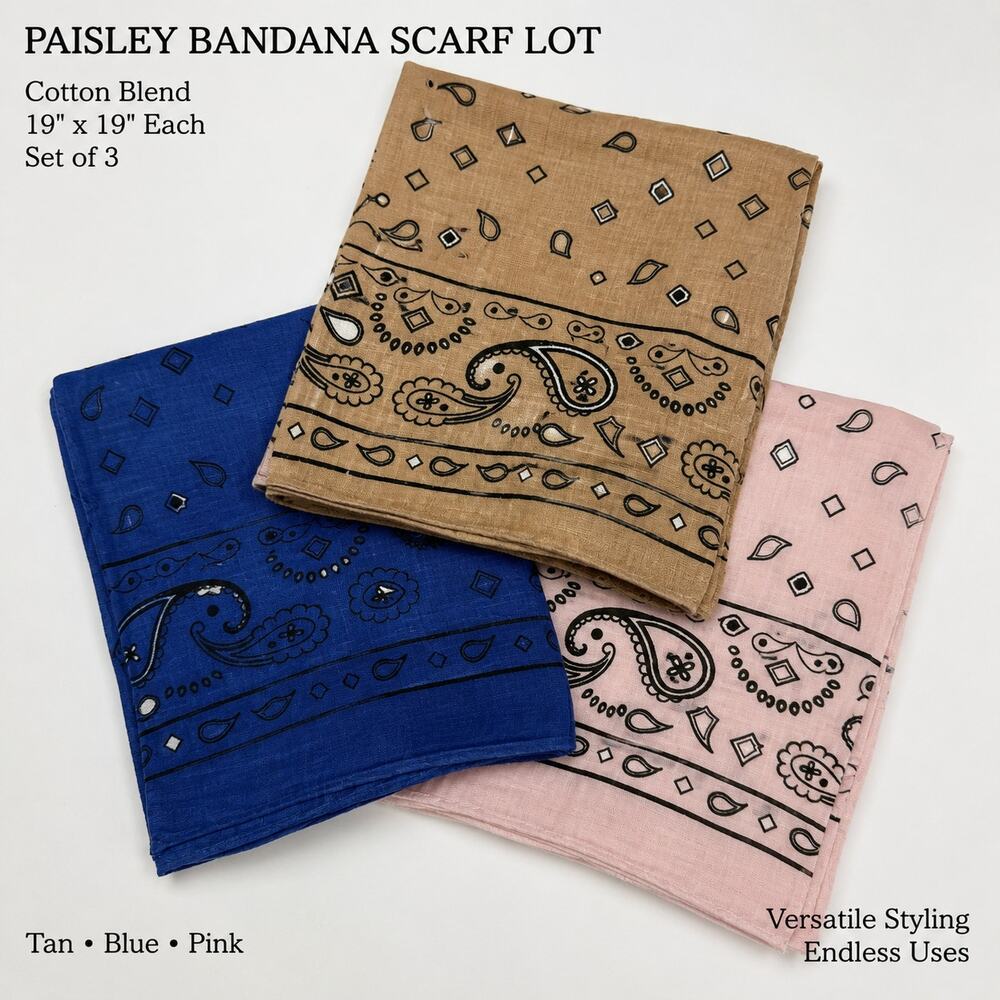 Paisley Bandana Scarf Lot Cotton Blend Tan Blue Pink 19x19 Set Of 3